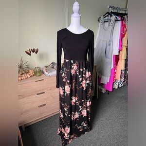 AMAZON Black & Floral Casual Long-Sleeve Stretch Modest Lightweight Maxi Dress